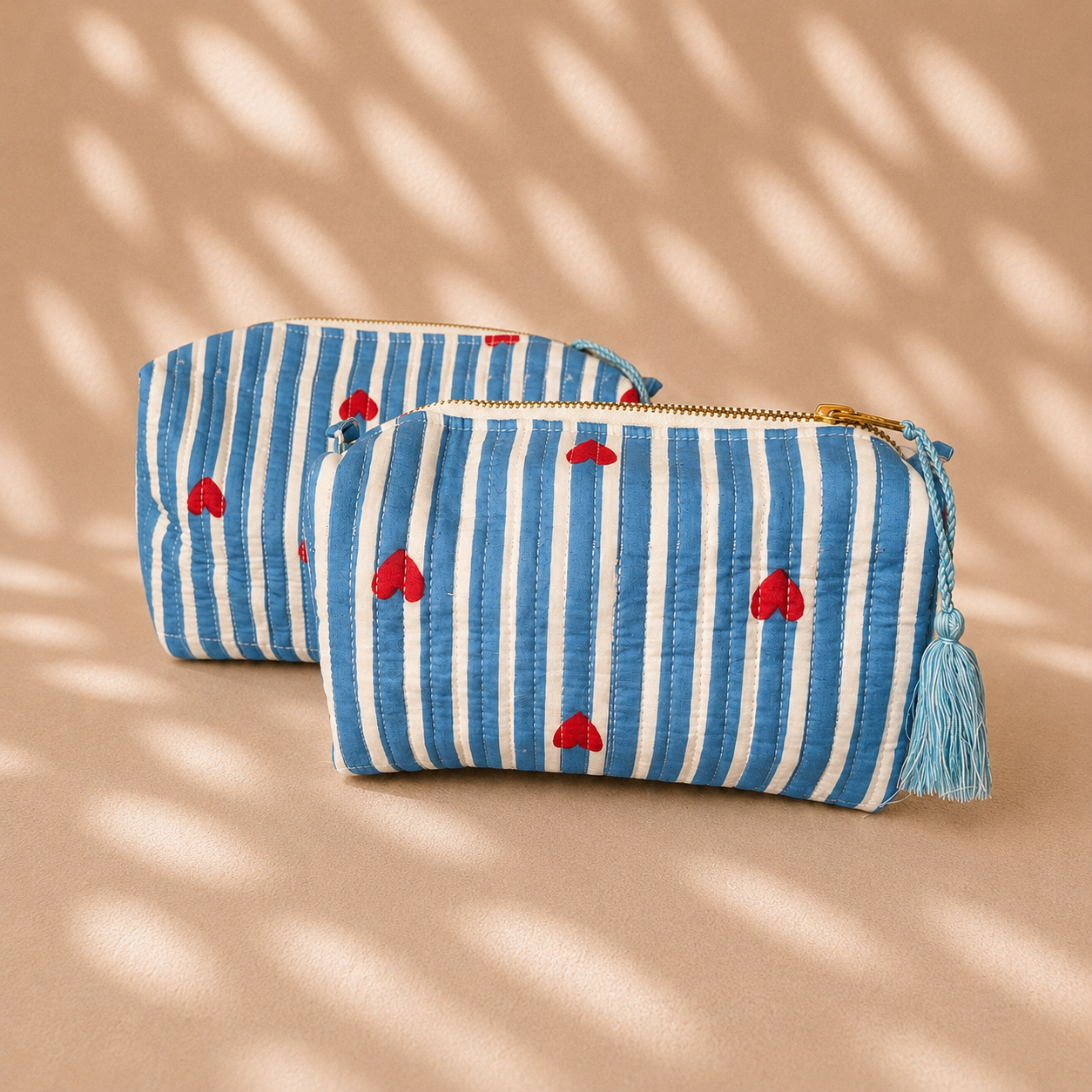 Blauw Strepen Hartjes | Toilettas Groot