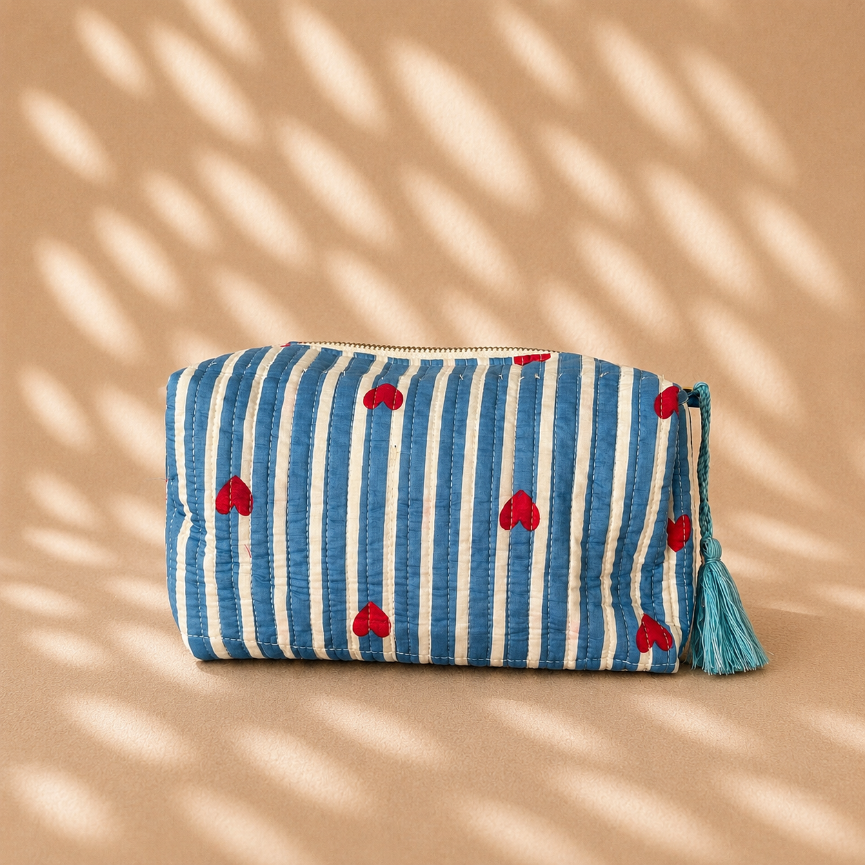 Blauw Strepen Hartjes | Toilettas Groot