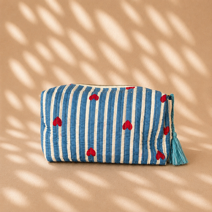 Blauw Strepen Hartjes | Toilettas Groot