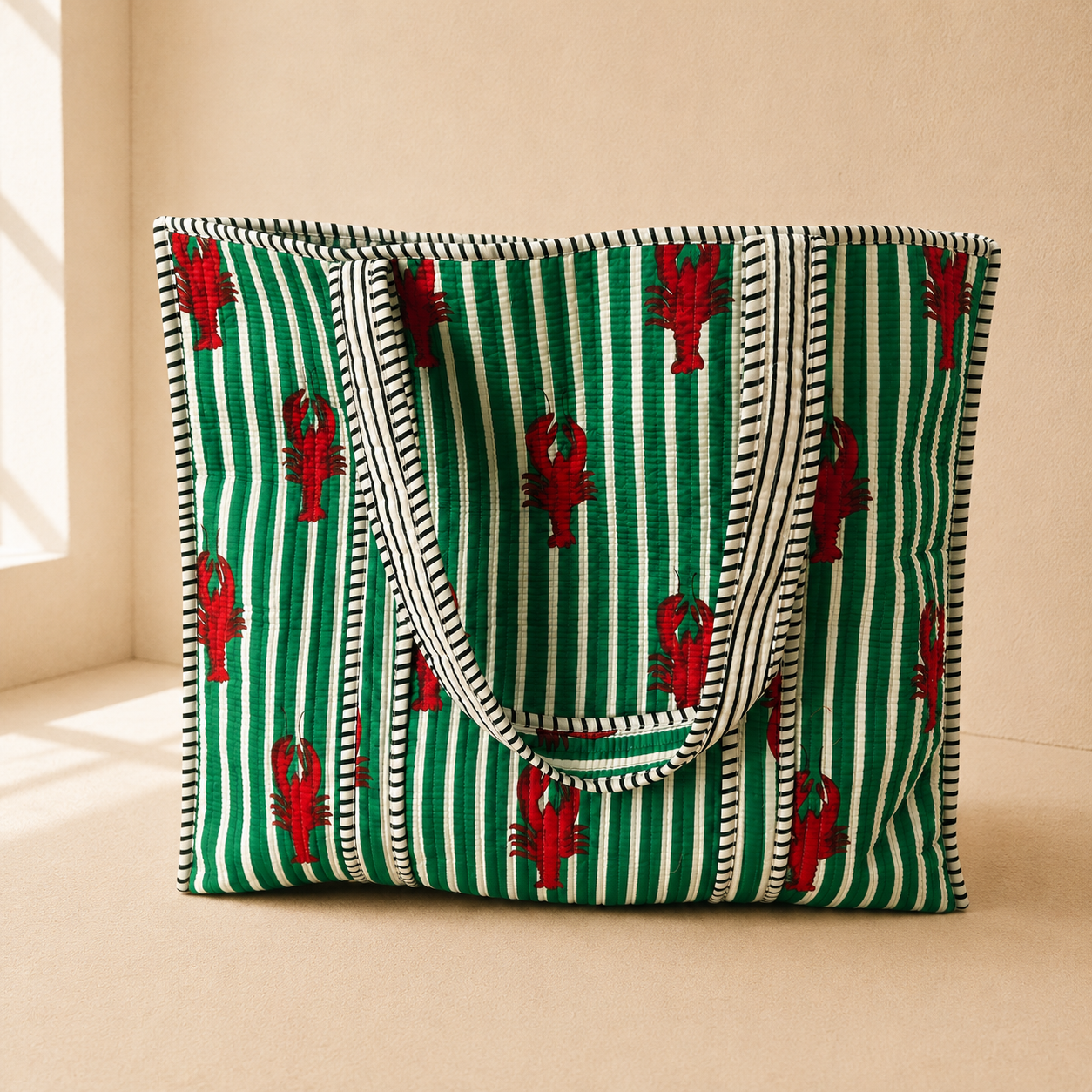 Handgemaakte katoenen tote bag uit India van 100% katoen met groene strepen en rode kreeftenprint