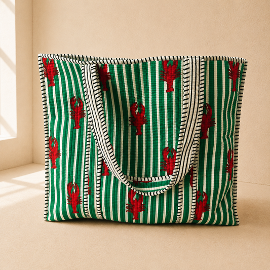 Handgemaakte katoenen tote bag uit India van 100% katoen met groene strepen en rode kreeftenprint
