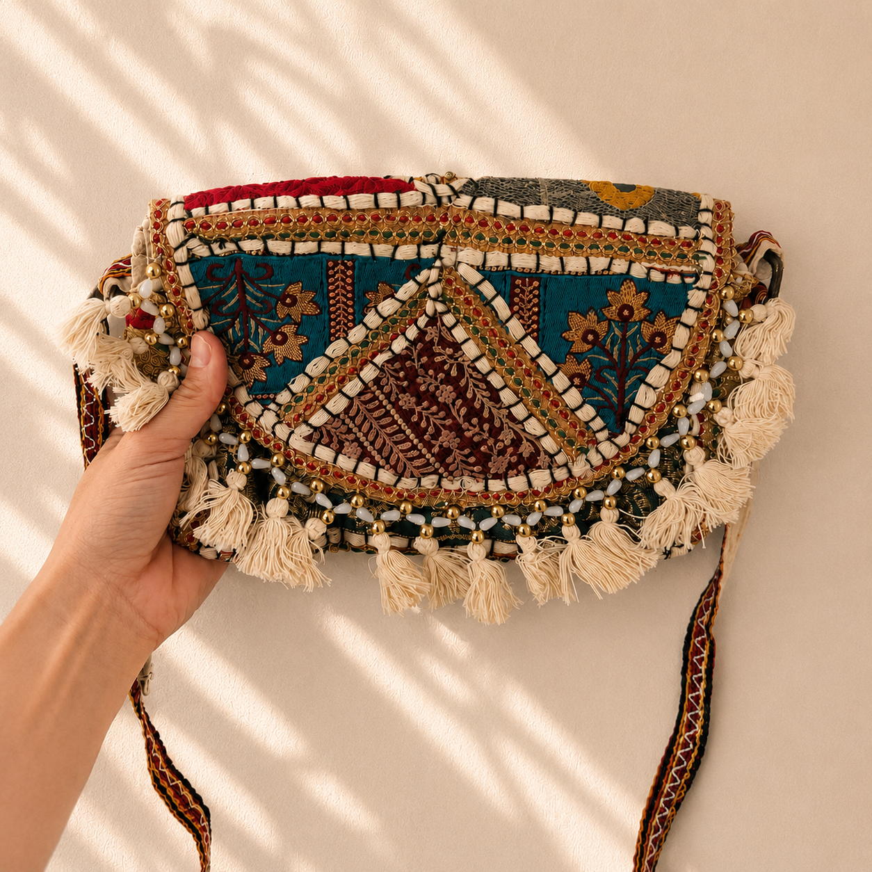 Boho crossbody tas met beige patchwork, turquoise en bruine borduursels en speelse franjes, handgemaakt van 100% katoen in India. Unieke crossbody tas van NU-MÍ.