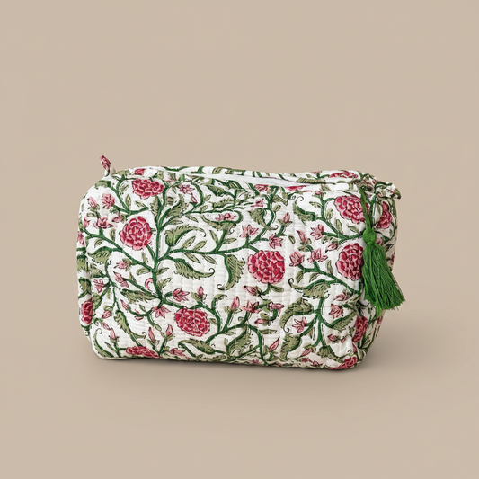 Medium toilettas met botanische print van groene bladeren en roze bloemen