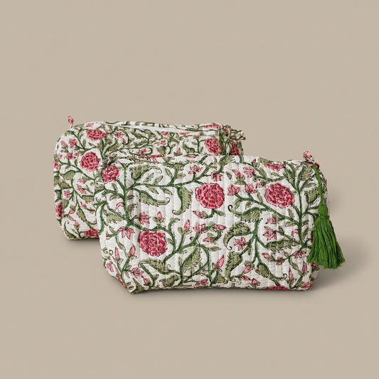 Botanische Roos toilettassen in groot en medium met groene bladeren en roze bloemen