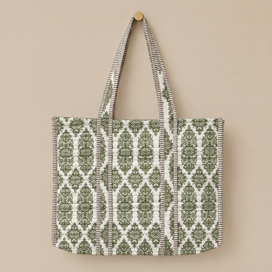 Gewatteerde crème tote bag met olijfgroene print en bruin gestreepte hengsels