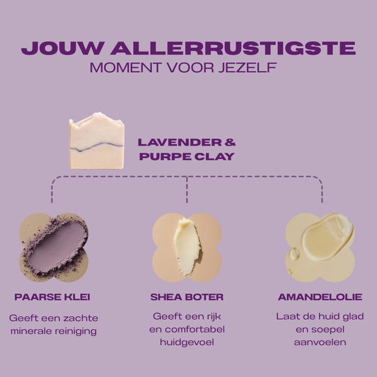 NU-MÍ Lavender & Purple Clay reinigingsbar met paarse klei, sheaboter en amandelolie.