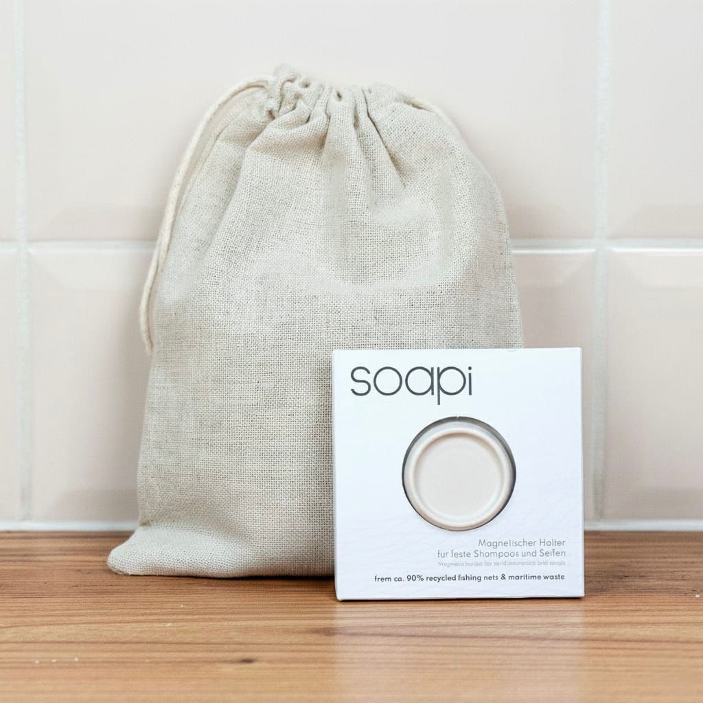 Witte Soapi magnetische zeep houder in verpakking naast off-white katoenen zakje op houten ondergrond tegen tegelwand