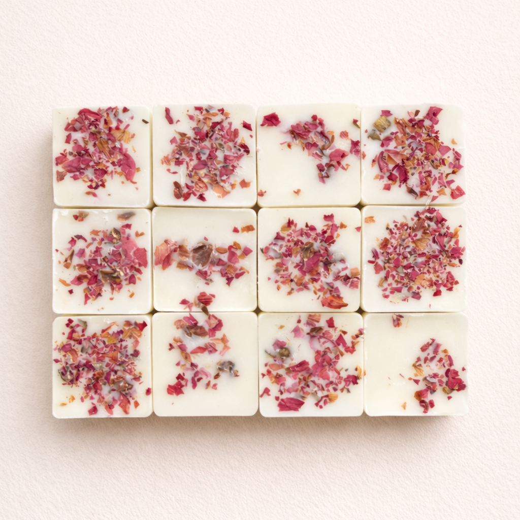 NU-MÍ natuurlijke sojawas wax melts met amber etherische olie en gedroogde rozenblaadjes