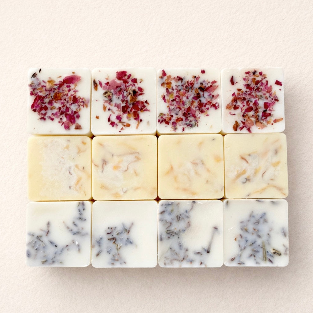 NU-MÍ wax melts sample set van 100% natuurlijke sojawas met lavendel, sinaasappel en amber etherische olie