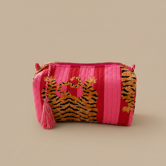 Medium toilettas Roze Strepen Tijger met roze strepen, tijgerprint en roze kwast