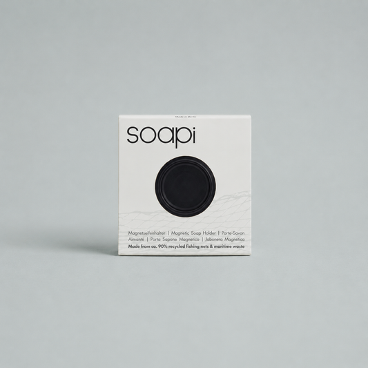 Soapi magnetische zeephouder in zwart voor het droog en hygiënisch bewaren van een stuk zeep.