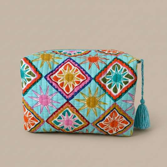 Grote toilettas Turquoise Zonnetjes met kleurrijke geometrische print en blauwe kwast